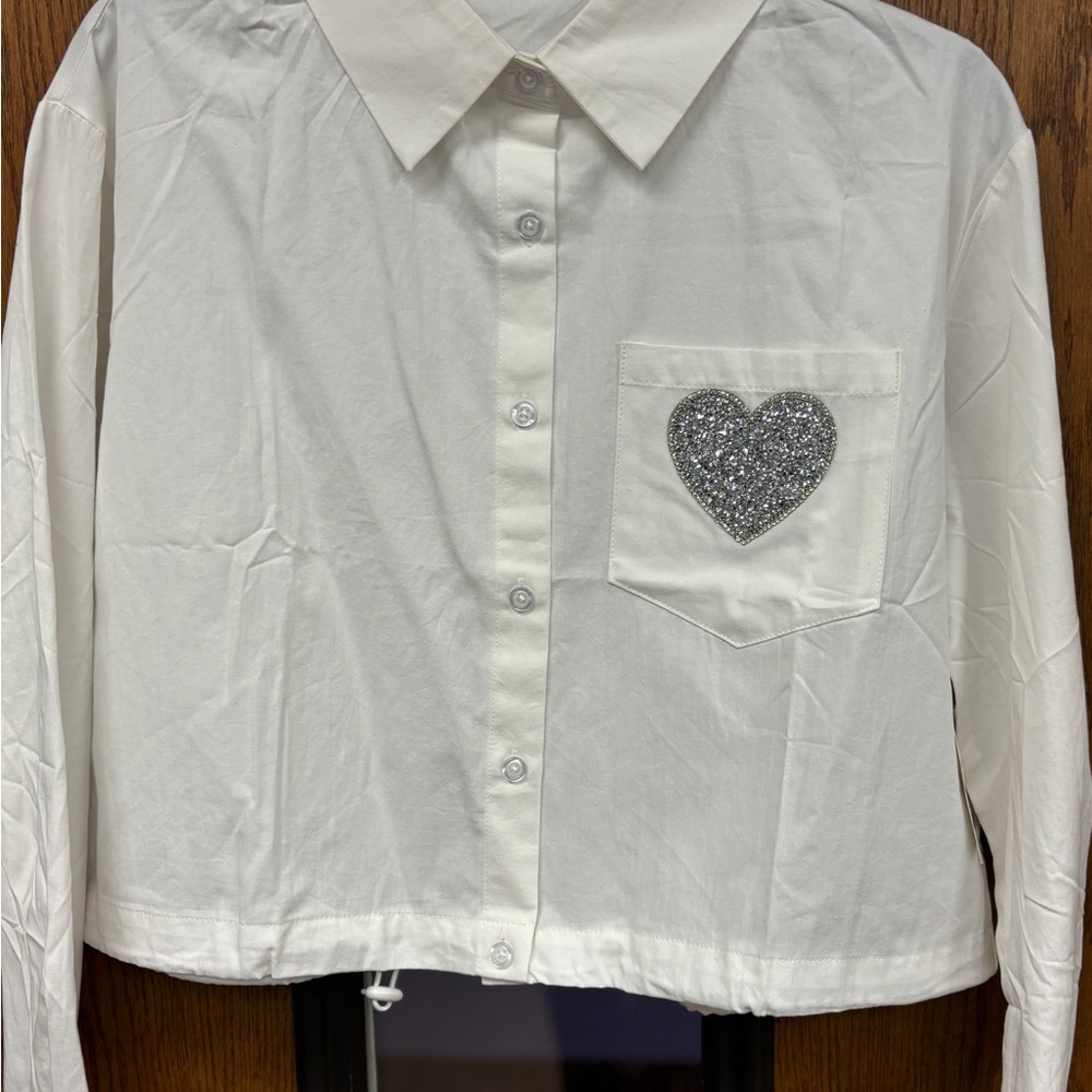 NWT Free Kisses White Silver Button Down Shirt